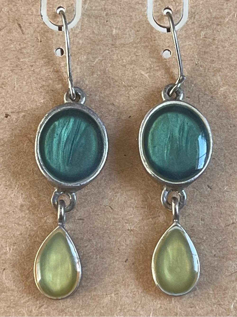 Handcrafted Silver Drop Earrings with Green and Yellow Stones - Picture 2 of 3